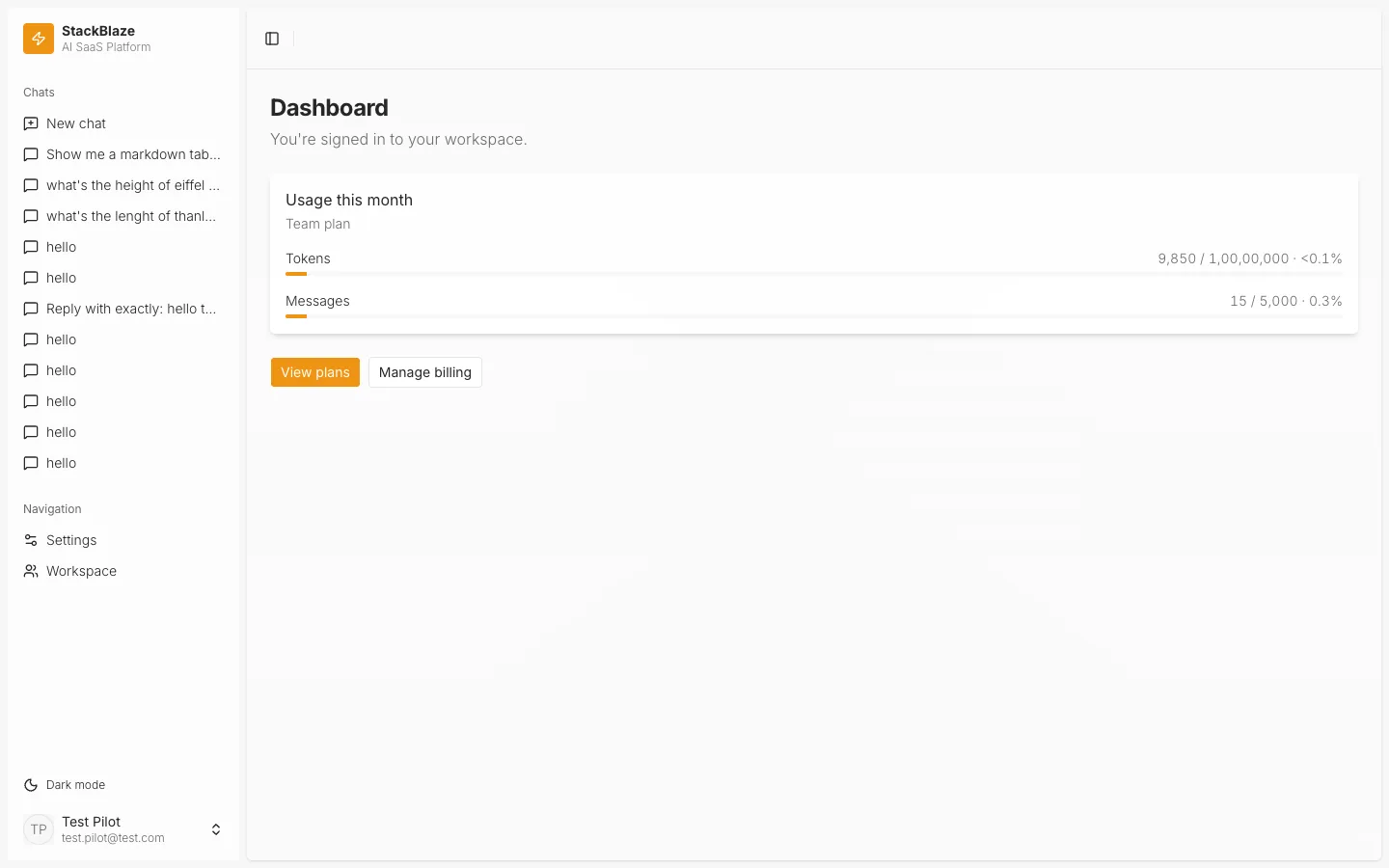 Workspace dashboard showing monthly token and message usage against plan caps