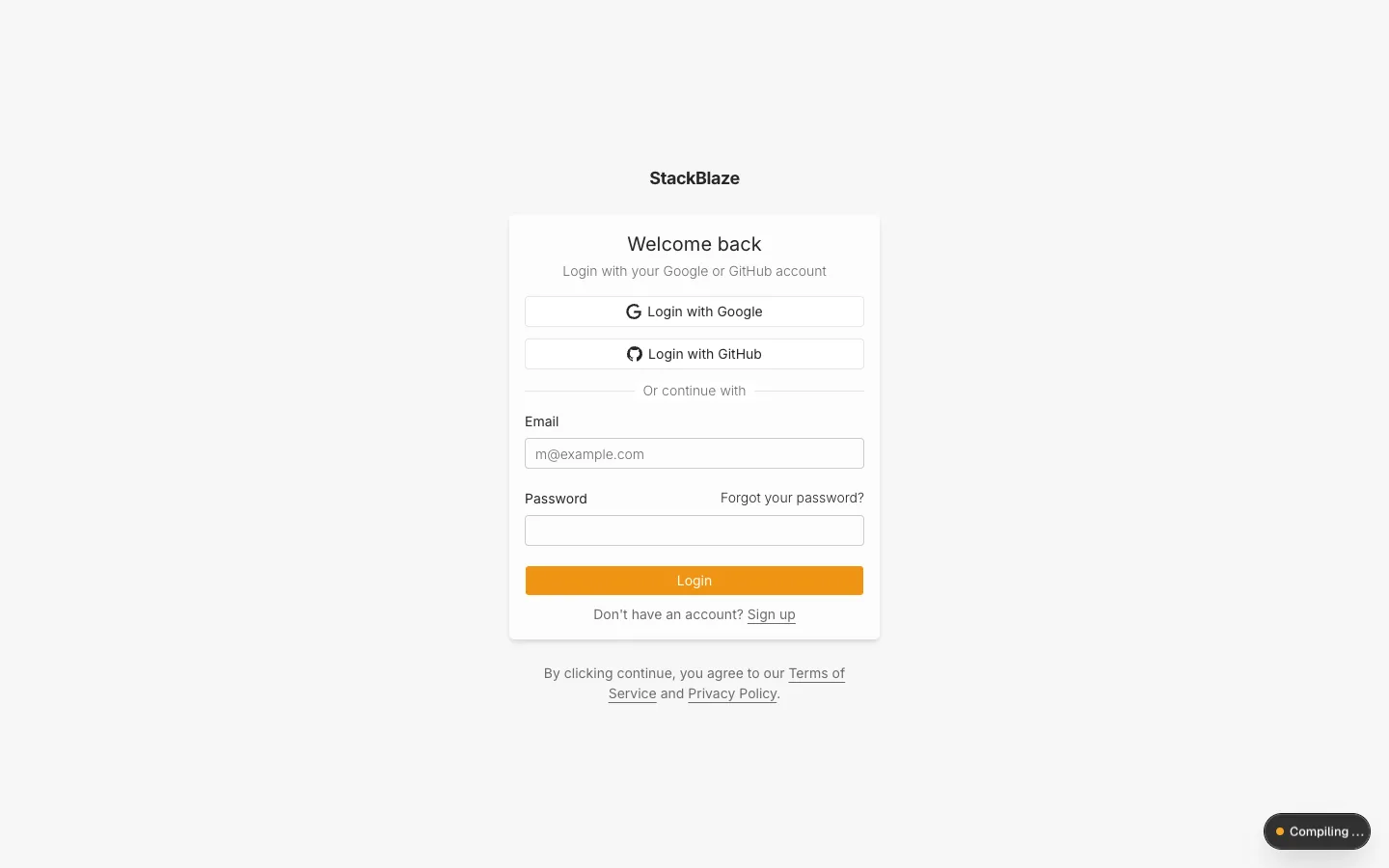 Login screen with email and password fields plus Google and GitHub sign-in buttons