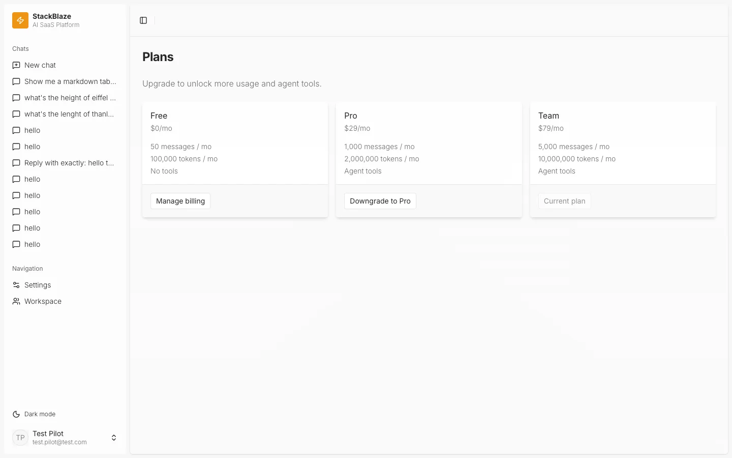 Billing plans page with Free, Pro and Team tiers and their message and token limits